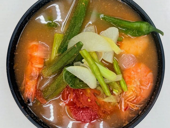 Sinigang na hipon, whole prawns in the sour broth