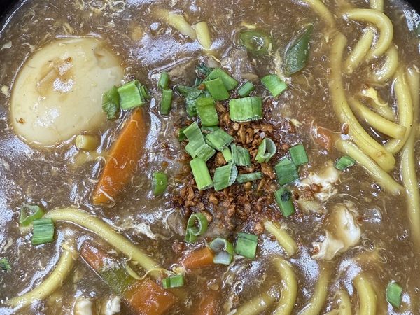 Close up of a bowl of pancit lomi with thick egg noodles, carrots, boiled egg, spring onion and fried garlic