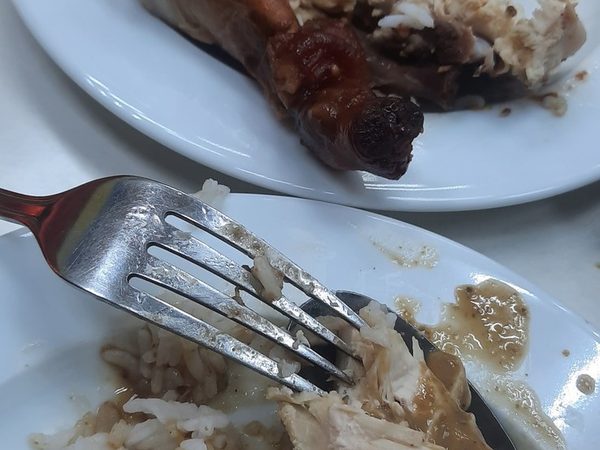 Close up of a plate of roast chicken pieces beside a plate of white rice topped with shredded chicken and gravy.